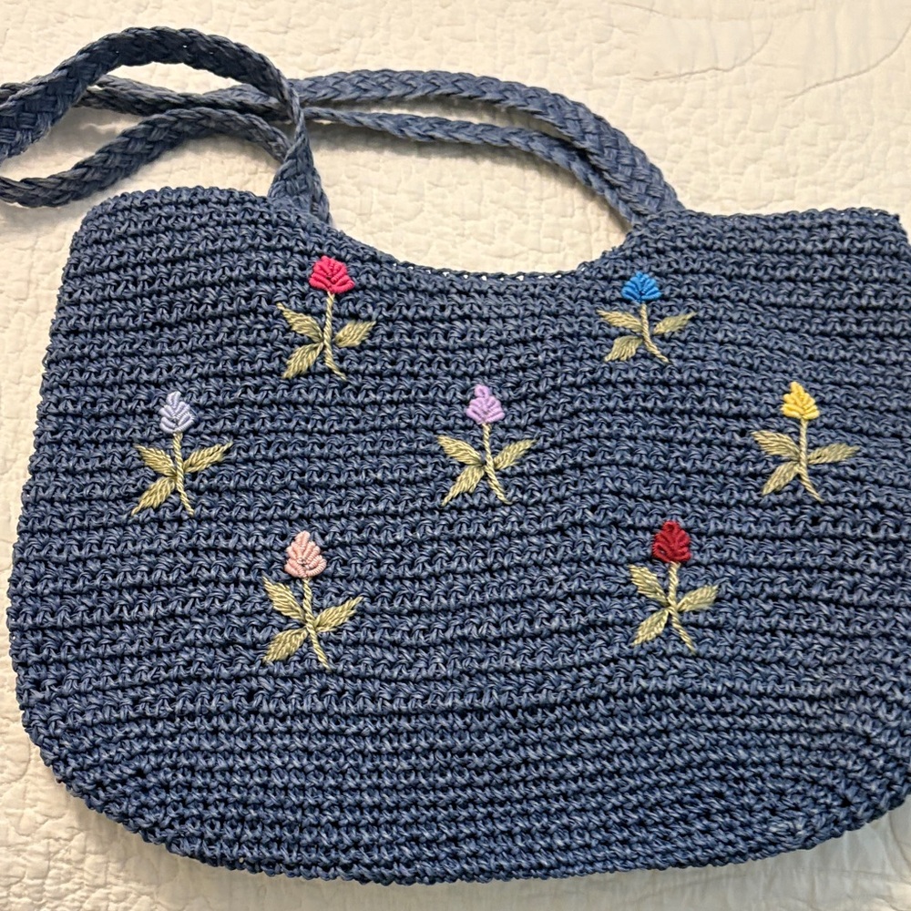 Charter Club Navy Crochet Tote with Floral Embroidery